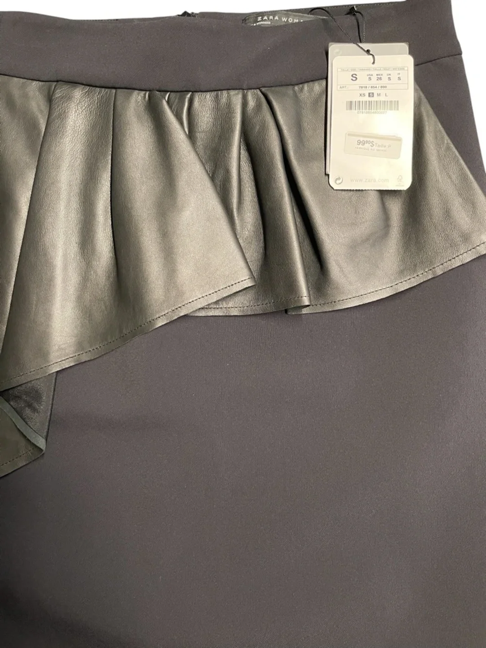 Zara Size Small Black Dress Skirt with Genuine Leather Peplum Ruffle Detail, NWT